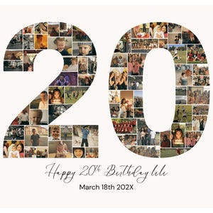20th Birthday Photo Collage Editable Template, Personalized 20th Birthday Gift for Her, Family Gift, Birthday Gift, Number 20 Collage