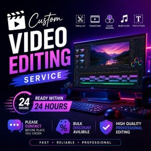 Könnte beinhalten: Eine digitale Anzeige für einen Videobearbeitungsdienst mit einem Computermonitor, der eine Bearbeitungssoftware anzeigt. Der Text umfasst Custom Video Editing Service, Ready Within 24 Hours, Please Contact Before Place You Order, Bulk Discount Avilibile und High Quality Professional Editing.