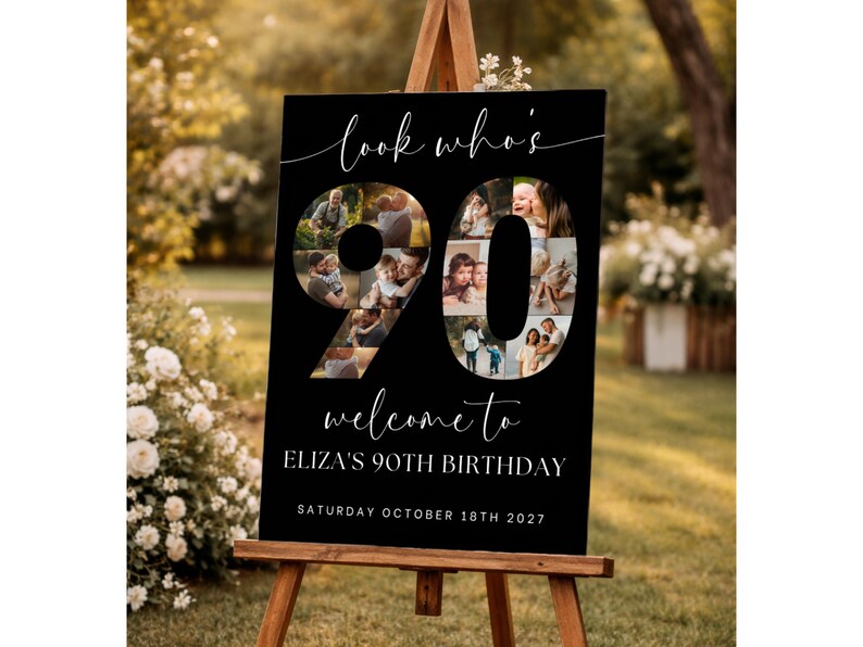 Black 90th Birthday Photo Collage Editable Template Welcome Sign ...