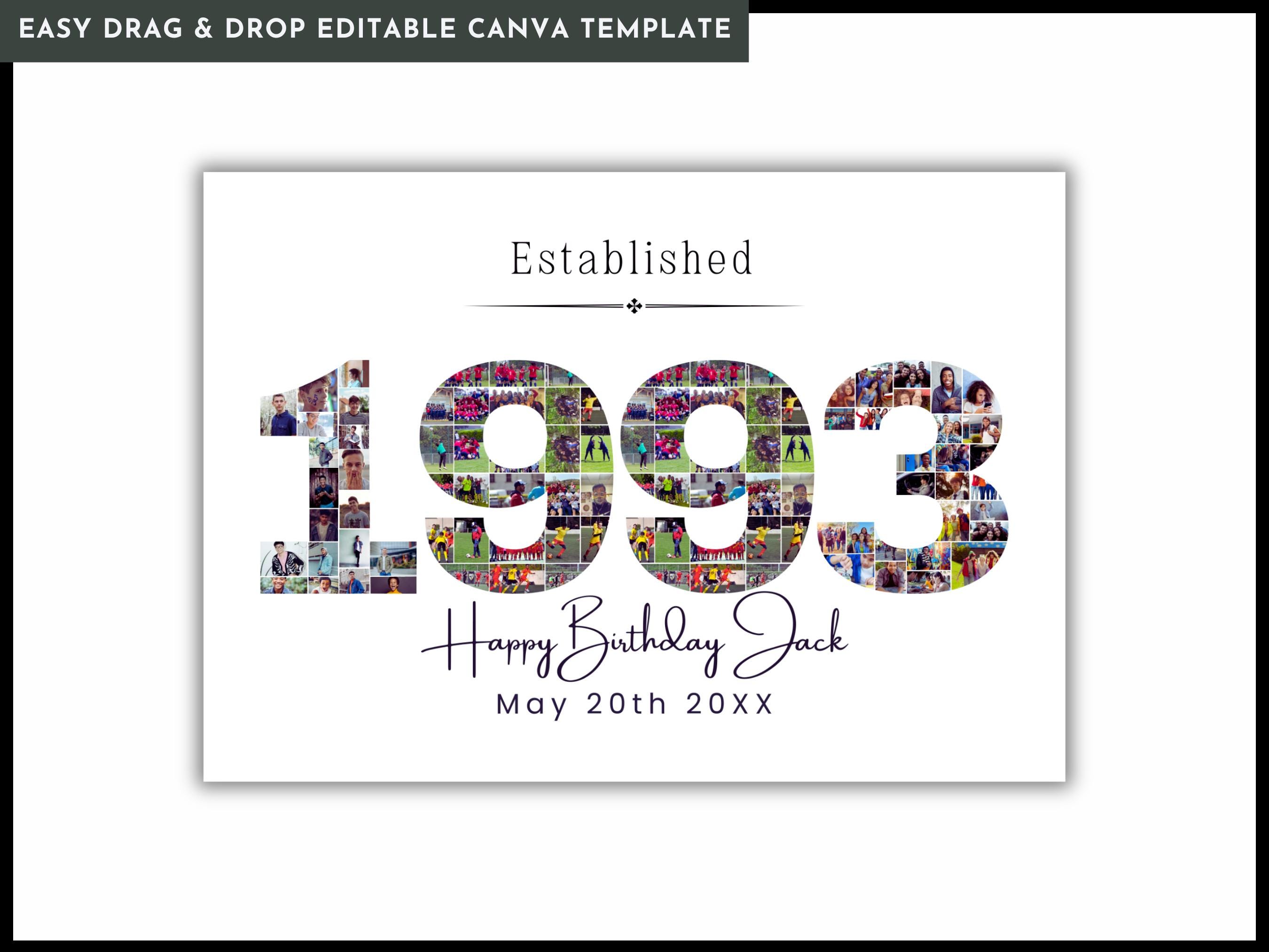 EDITABLE  1993 Birthday Collage, Year 1993 Photo Collage, 30th Anniversary Number Picture Collage Printable Poster Birthday Gift Template