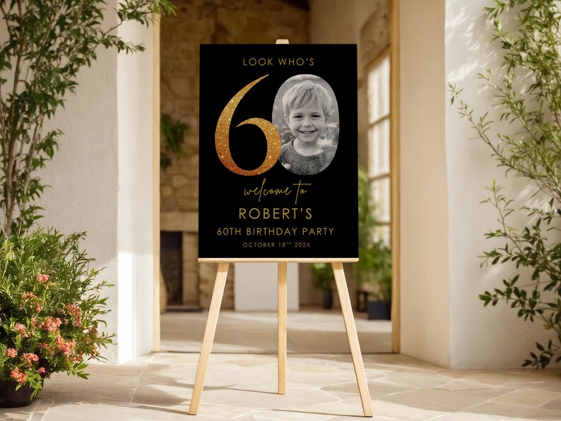 60th Birthday Welcome Sign, Black Gold Photo Template (digital Download ...