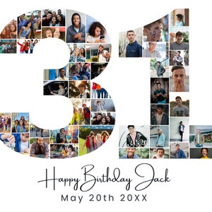 Può includere: Un collage fotografico a forma di numero 31, composto da molte foto individuali di persone. Il testo "Happy Birthday Jack" e "May 20th 20XX" è sotto il collage.