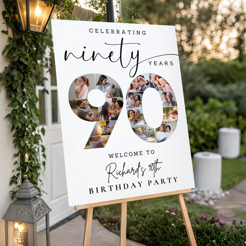 90th Birthday Welcome Sign Editable, Photo Birthday Party Poster Banner ...