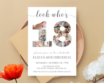 Plantilla de invitación para el 18 cumpleaños: Collage de fotos editable, diseño minimalista (descarga digital)