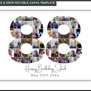 88. Geburtstag Foto-Collage Vorlage, personalisiertes 88-jähriges Jubiläum oder Geburtstagsgeschenk für Frauen, Ihn, Mutter, Nummer 88 Collage, Geschenk,