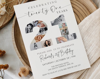 21st Birthday Invitation Template: Twenty First Party Invite Printable, 21 Photo Collage (Digital Download)