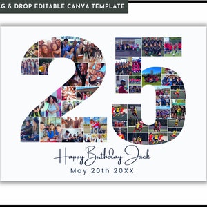 Collage de fotos para el 25.º cumpleaños, 25.º aniversario o regalo de cumpleaños, número 25, plantilla de collage de fotos para el 25.º cumpleaños, editable