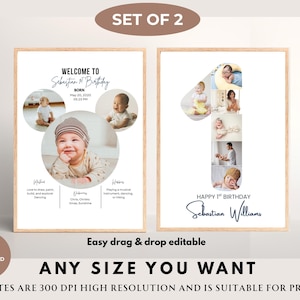 Collage fotografico modificabile per il primo compleanno del bambino, poster stampabile per le tappe fondamentali del primo anno, decorazioni per feste, cartello di benvenuto, modello modificabile