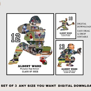 May include: Set of three digital printable baseball photo collage templates. Each template features a baseball player silhouette made of smaller photos. The templates are customizable with names, numbers, and school information. The text on the templates reads "ALBERT WARD", "Plumpton High School", and "CLASS OF 20XX".