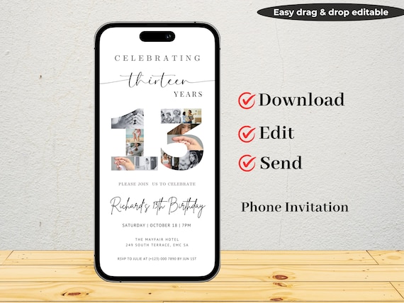 13th Birthday Photo Invitation, Modern Digital Evite (Digital Download)