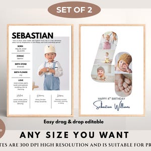 4th Birthday Number 4 Photo Editable Collage Four Year Old Milestones Party Decor Photo Board Printable Poster WelcomeSign Editable Template
