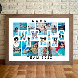 Bearbeitbare SCHWIMMWORT-Fotocollage-VORLAGE Druckbare bearbeitbare Sport-Team-Poster Benutzerdefinierte personalisierte Senior Athlete Coach DIY-Vorlage