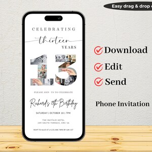 13th Birthday Digital Party Invitation TEMPLATE with Photo Collage, Birthday Party Evite, Celebrating Thirteen Years, Phone Invite
Boy 13th Birthday Invitation
Teen 13 Birthday Phone Invite
13 Birthday Invitations Boy
13 Birthday Invitation Boy Textable
48 Birthday Men
13 and Feeling Fine
Birthday Invitation With Photo Teen
13th Birthday Party Themes
13th Birthday Sophia
Rip to My Teen Years
15 the Birthday
Surprise 13th Dinner
13 Years Invite for Boys
14th Birthday Theme
13Birthday Personalized