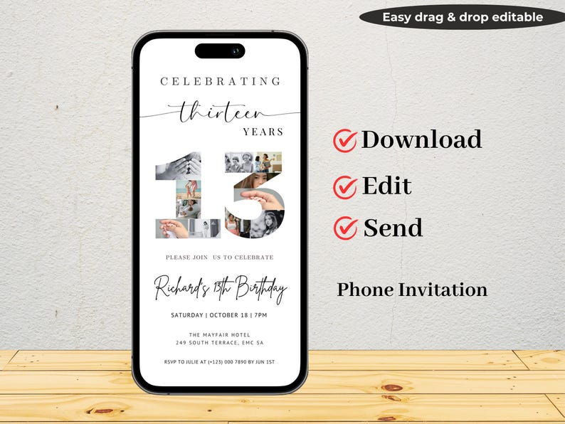 13th Birthday Digital Party Invitation TEMPLATE with Photo Collage, Birthday Party Evite, Celebrating Thirteen Years, Phone Invite
Boy 13th Birthday Invitation
Teen 13 Birthday Phone Invite
13 Birthday Invitations Boy
13 Birthday Invitation Boy Textable
48 Birthday Men
13 and Feeling Fine
Birthday Invitation With Photo Teen
13th Birthday Party Themes
13th Birthday Sophia
Rip to My Teen Years
15 the Birthday
Surprise 13th Dinner
13 Years Invite for Boys
14th Birthday Theme
13Birthday Personalized