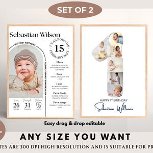 Cartello MODIFICABILE per il primo compleanno, poster moderno per il primo compleanno, tabellone per le tappe del primo anno di vita del bambino, modello modificabile stampabile