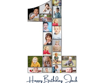 First Birthday Photo Collage Template: Editable Number 1 Keepsake (Digital Download