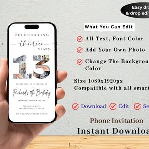 13th Birthday Digital Party Invitation TEMPLATE with Photo Collage, Birthday Party Evite, Celebrating Thirteen Years, Phone Invite
Boy 13th Birthday Invitation
Teen 13 Birthday Phone Invite
13 Birthday Invitations Boy
13 Birthday Invitation Boy Textable
48 Birthday Men
13 and Feeling Fine
Birthday Invitation With Photo Teen
13th Birthday Party Themes
13th Birthday Sophia
Rip to My Teen Years
15 the Birthday
Surprise 13th Dinner
13 Years Invite for Boys
14th Birthday Theme
13Birthday Personalized