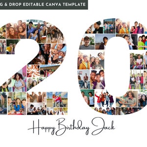 20th Birthday Photo Collage Template, Personalized 20th Birthday Gift for Her, Family Gift, Birthday Gift, Number 20 Collage, Editable