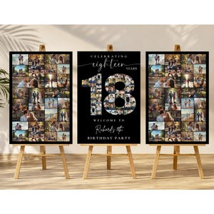 May include: Three rectangular black signs displayed on wooden easels. The outer signs feature photo collages. The center sign displays the text "Celebrating eighteen years" above a large "18" filled with photos, and "Welcome to Richard's 18th Birthday Party".