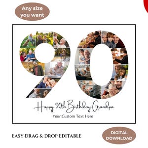 Number 90 Collage 90th Birthday Editable Number Photo Collage Printable Template Picture Collage Poster Birthday Gift Grandma Grandpa