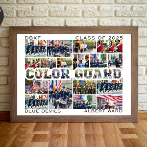 Könnte beinhalten: Ein gerahmtes Collage mit mehreren Bildern einer Color Guard, wobei die Worte "COLOR GUARD" prominent angezeigt werden. Die Collage enthält den Text "CLASS OF 2025", "BLUE DEVILS" und "ALBERT WARD". Der Rahmen ist braun und der Hintergrund eine Backsteinmauer.