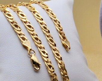 14k Gold Double Curb Flat necklace & bracelet chain set, 5mm. Birthday/Anniversary gift. REAL GOLD. Worldwide free shipping. 585 Certified