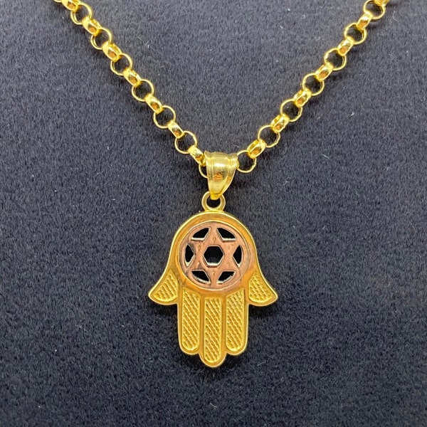 14k Gold Hamsa Hand gecomplimenteerd met Ster van David Ketting op 14k gouden Rolo chain.ECHT GOUD. Wereldwijd gratis verzending. Verjaardag/verjaardag