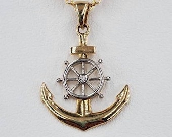 14k Yellow Gold Anchor With Ship’s Wheel & Rope Pendant – Nautical Jewelry, Textured Design, Gift Box Included