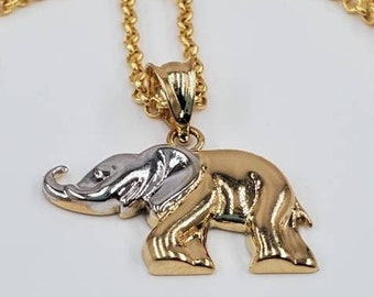 14k Gold Elephant pendant on 14k gold Cable chain necklace. REAL GOLD. Worldwide free shipping. 585 Certified & stamped. Birthday gift