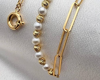 Collar de cadena con clip de oro de 18 quilates y perlas de imitación (5 mm)