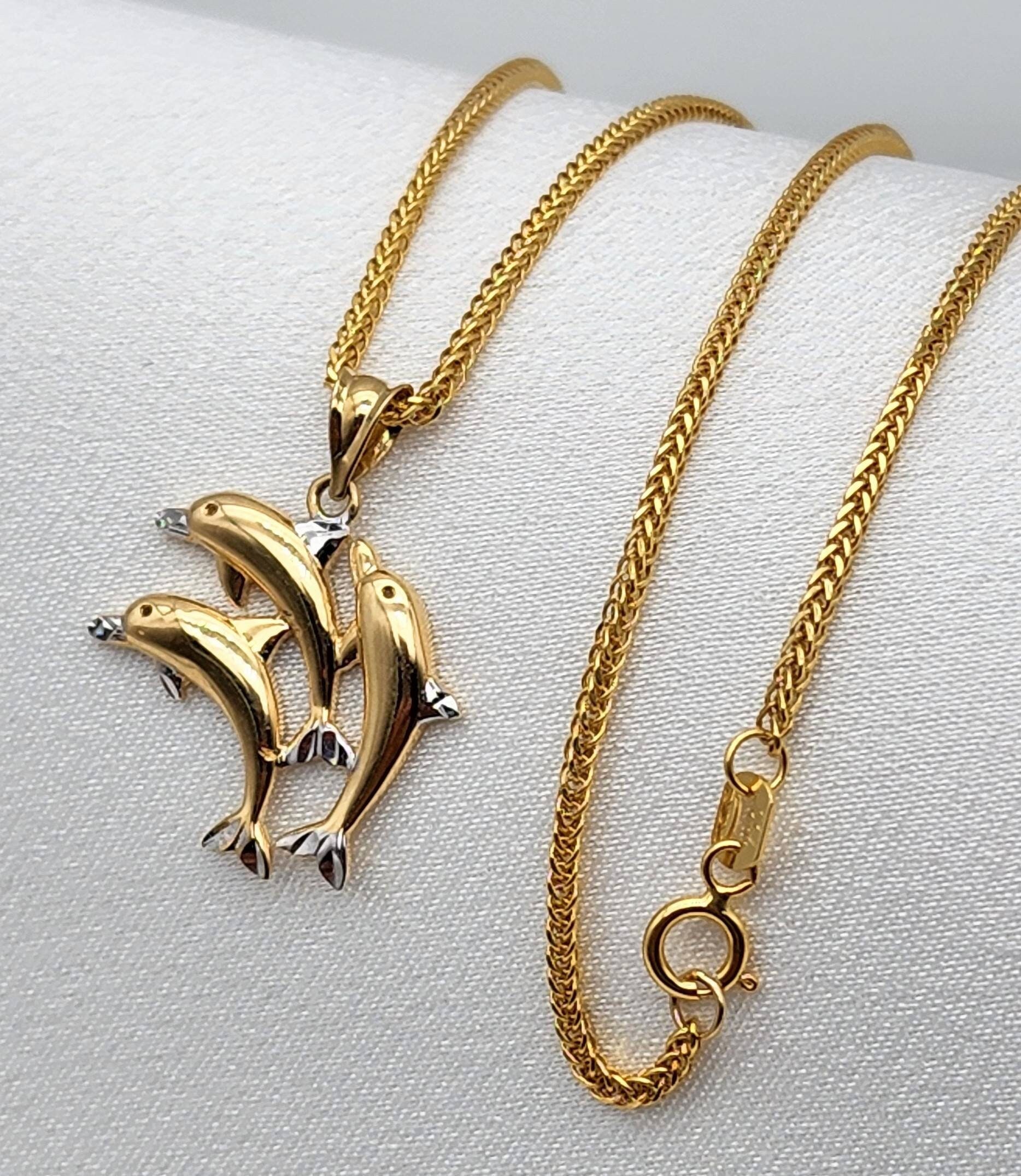 18k Gold Dolphin Pendant Necklace: Spiga Wheat Chain, Real Gold - Etsy