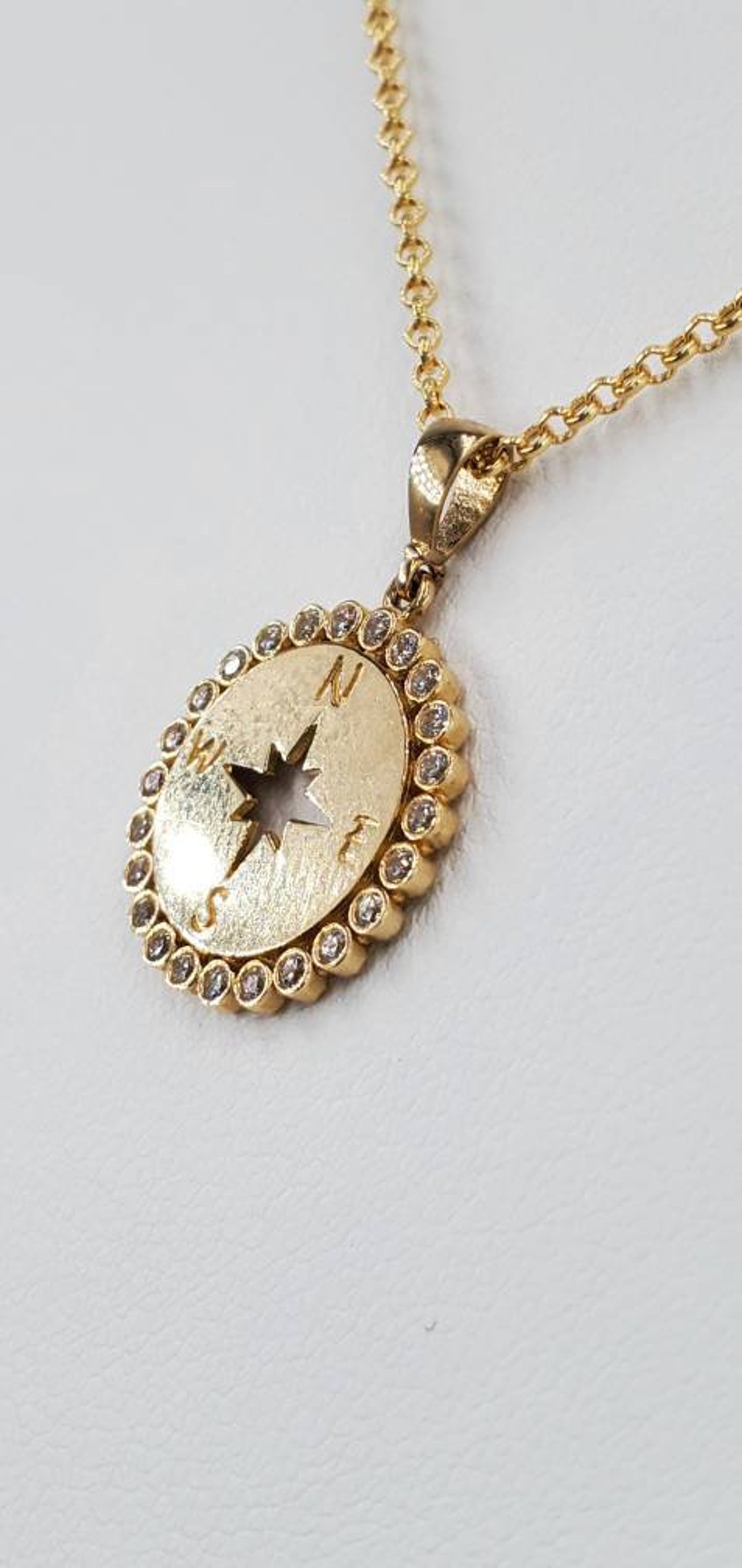 14k Solid gold Compass pendant on 14k solid gold Cable chain Etsy