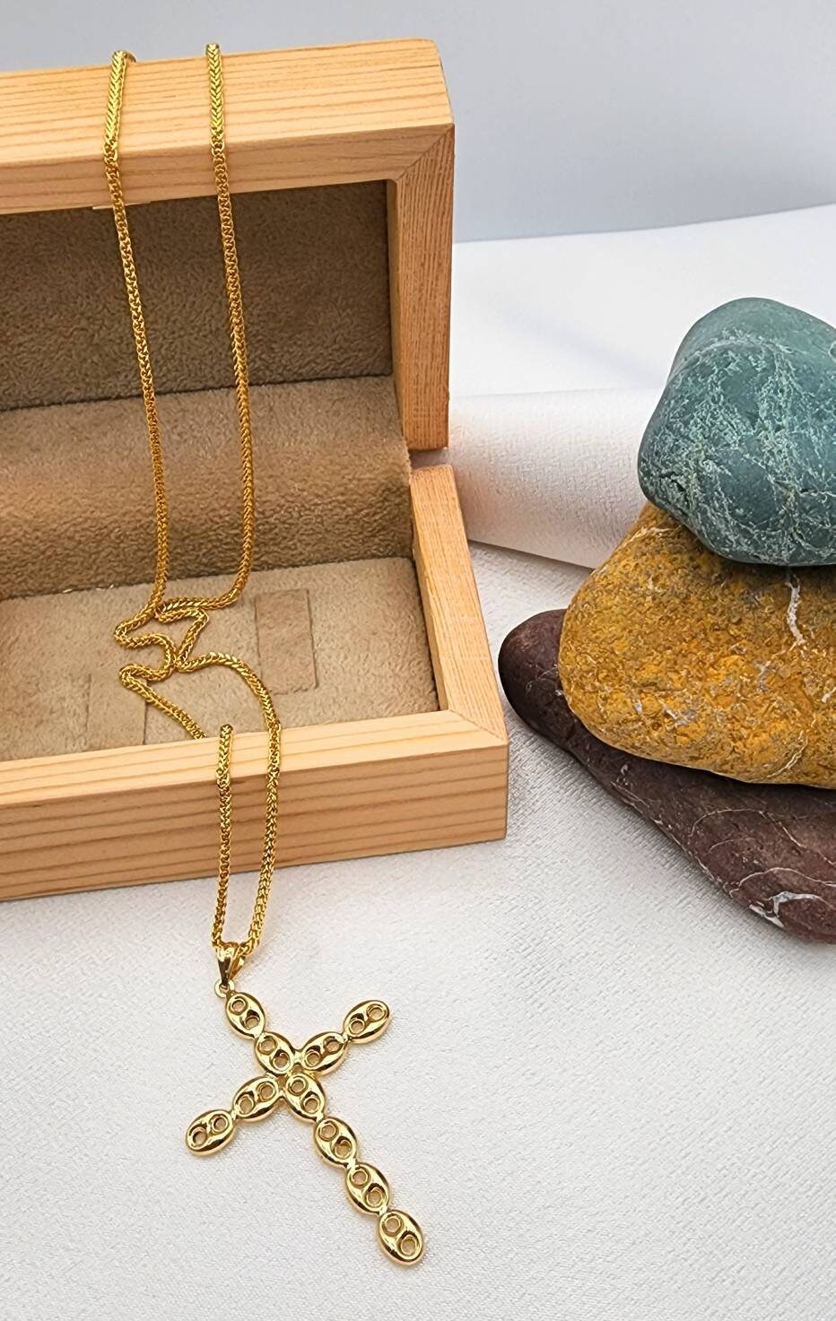 18k Gold Foxtail Chain Necklace With Cross Pendant - Etsy