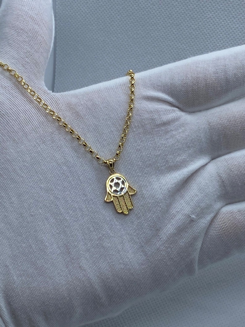 14k Gold Hamsa Hand complimented with Star of David Necklace on 14k gold Rolo chain.REAL GOLD. Worldwide free shipping. Birthday/anniversary image 7