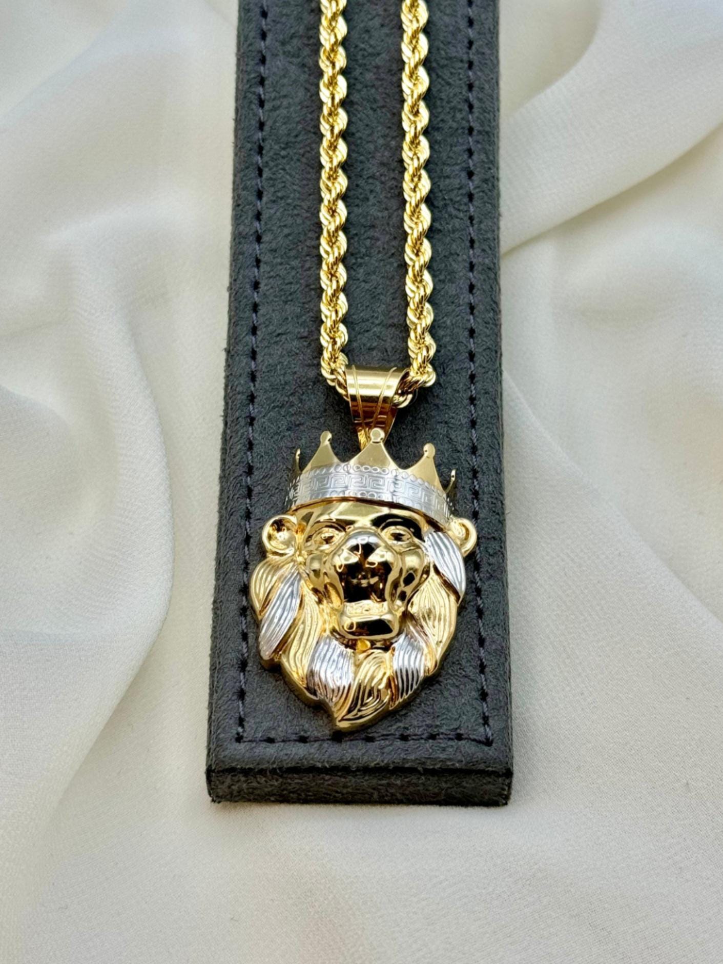 Collana Con Ciondolo Leone E Corona In Oro 18k: Catena A Corda Con