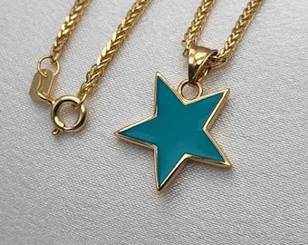 18k Gold turquoise Star pendant on 18k gold Foxtail/Spiga/Wheat chain. REAL GOLD.Worldwide free shipping.750 Certified/stamped.Birthday gift