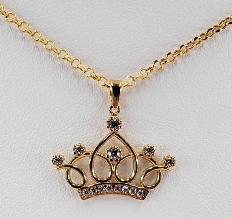 18k Gold Crown Pendant Necklace: Handmade Cable Chain, Cubic
