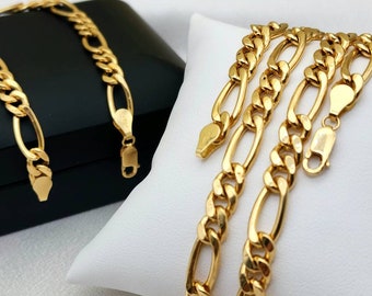 18k Gold Figaro bracelet & necklace chain set. 8mm. Heavy gold chain. REAL GOLD. Worldwide free shipping.750 Certified. Best birthday gift