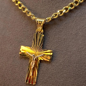 18k Gold Crucifix Cross pendant on 3.5 mm 18k gold Curb chain necklace. REAL GOLD. Worldwide free shipping. 750 Certified. Best gift.