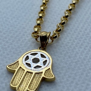 14k Gold Hamsa Hand complimented with Star of David Necklace on 14k gold Rolo chain.REAL GOLD. Worldwide free shipping. Birthday/anniversary image 3