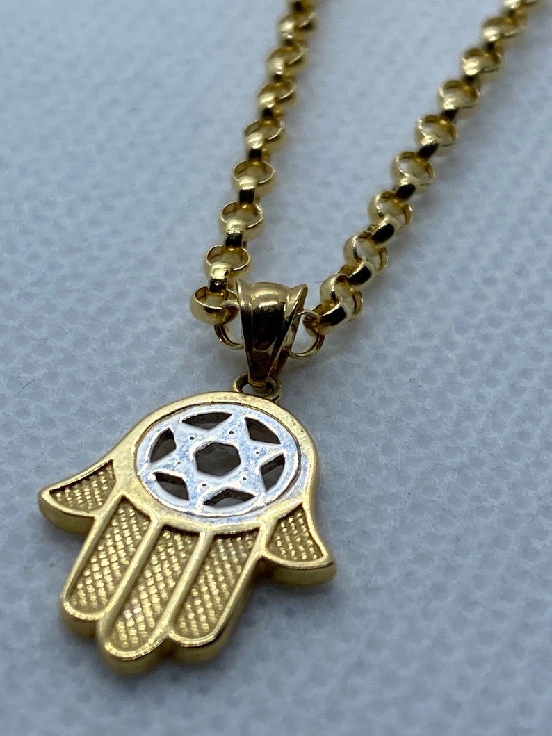 14k Gold Hamsa Hand complimented with Star of David Necklace on 14k gold Rolo chain.REAL GOLD. Worldwide free shipping. Birthday/anniversary image 3