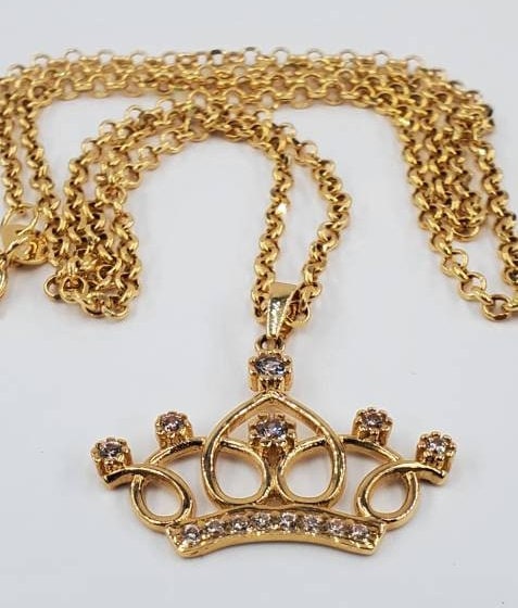 18k Gold Crown Pendant Necklace: Handmade Cable Chain, Cubic