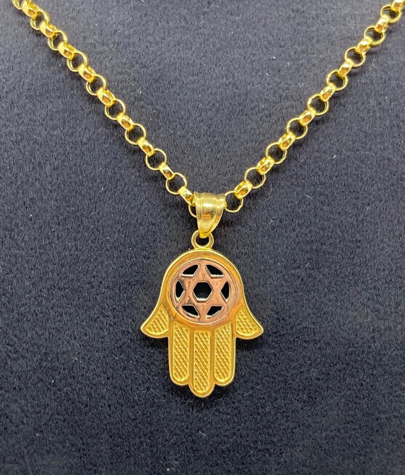 14k Gold Hamsa Hand complimented with Star of David Necklace on 14k gold Rolo chain.REAL GOLD. Worldwide free shipping. Birthday/anniversary image 1