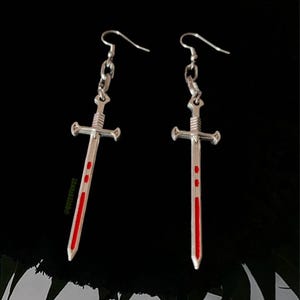 Bloody Sword Dangling Earrings | Alt Silver Fashion Jewelry, Punk, Goth, Grunge, Horror Earring, Gothic, Queer, Alternative, Industrial, Emo