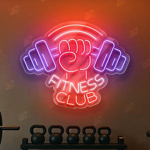 Fitness Club LED Neon Sign Wall Light, Powerful Dumbbell and Fist Design for Gym, Workout Studio or Home Fitness Motivation Decor