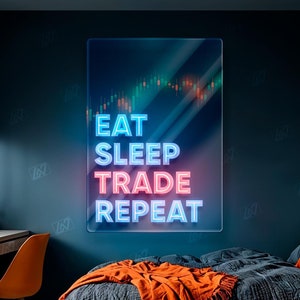 Eat Sleep Trade Repeat - LED Neon Sign with UV Print, Trader Bedroom sign, Crypto neon sign, Trading Neon, Crypto & Financial Stock Exchange