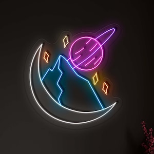 Moon with Planet -  LED Neon Sign, Custom LED Neon Light,Mountain Tops, Moon Wall Decoration,Space Home Decor, Сosmos Wall Art