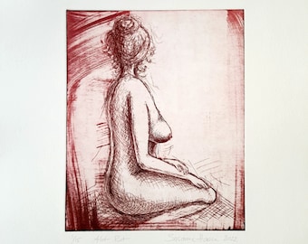 Nude in red or sepia, original etching