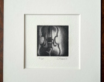 Geige, Bratsche, original Mezzotino Radierung, Violin, Viola, original Mezzotint Etching with/mit Passepartout