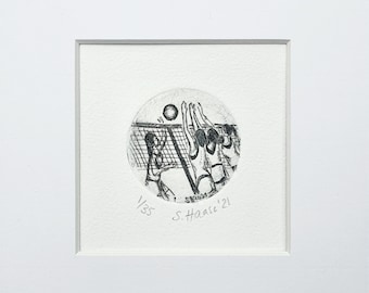Mini etching volleyball players including passepartout, Mini Etching of Volleyball Players with passepartout